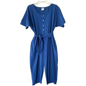 Vtg 90s Button Front Belted Jumpsuit Sz 16 18 Royal Blue Capri Crop Short Sleeve
